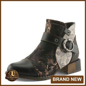 Hand-Painted Leather Ankle Boots with Buckle Strap & Side Zipper